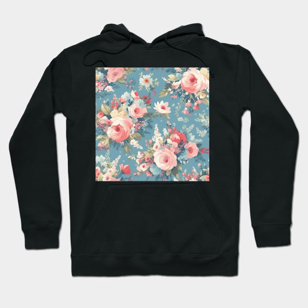 Shabby Chic Floral Flowers, Pretty Feminine Pattern on Blue Background Hoodie by VintageFlorals